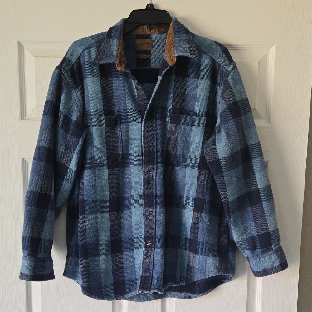 Vintage Plaid Flannel Shirt Jacket w/ Corduroy Collar – Blue Checkered – Size L